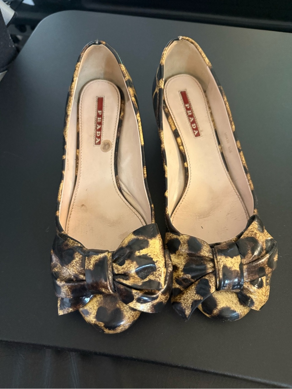 Prada Black and Gold Leopard Bow Ballet Flats